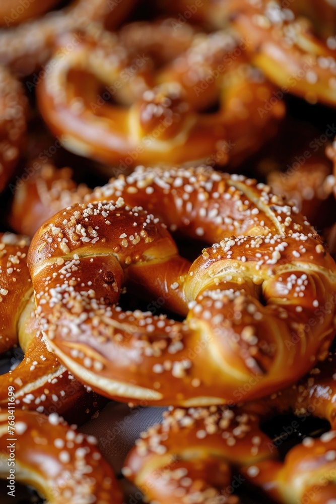 A close up of several pretzels with a lot of salt on them A close up of several pretzels with a lot of salt on them