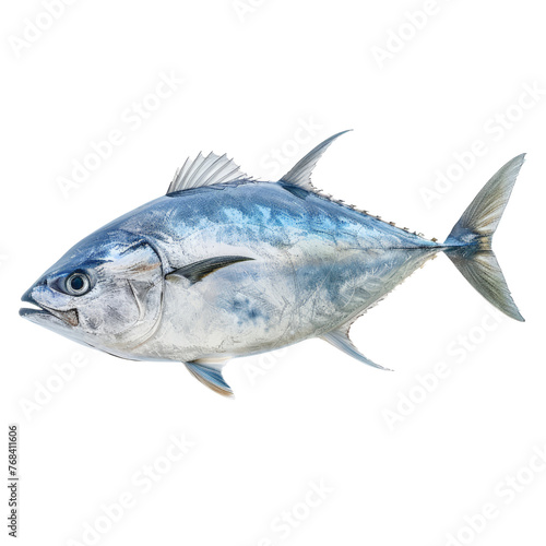 Oceanic Majesty: A striking close-up of a vibrant, silver-blue tuna, isolated on transparent background, cut out, png, its sleek body and powerful fins hinting at its swift and agile nature