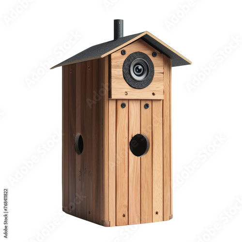 Smart connected birdhouse with live stream isolated on transparent background, cut out, png, CCTV camera