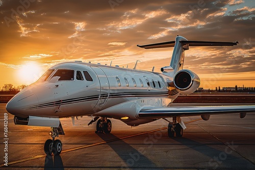 Modern executive jet plane at the airport runway on the background of dramatic sunset. Sleek executive jet takes center stage against a stunning sunset backdrop.