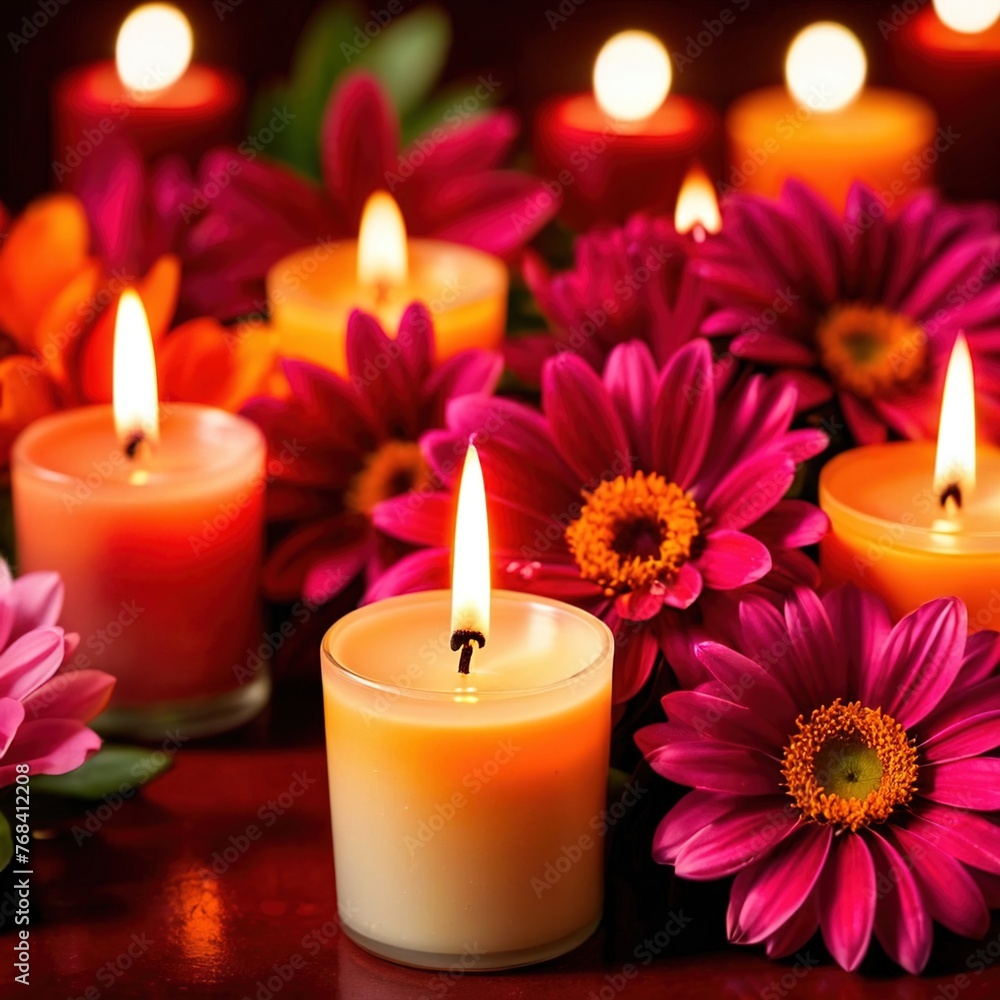 Scented candles with flowers, warm love glowing romantic celebration scene