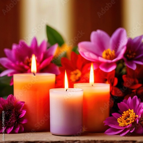 Scented candles with flowers  warm love glowing romantic celebration scene