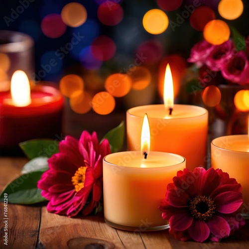 Scented candles with flowers, warm love glowing romantic celebration scene