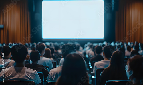 audience in the conference hall or seminar meeting with large media screen showing video presentation, Generative AI