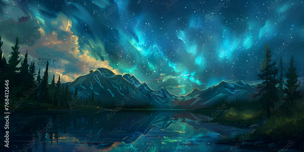 Beautiful night landscape painting Beautiful nature with aurora landscape background.AI Generative