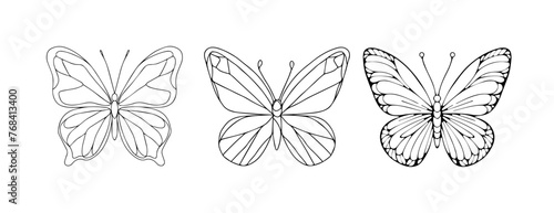 Hand-drawn Easter doodles of a butterflies with symmetric wings and simple pattern, perfect line art for coloring page