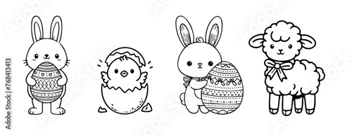  Line art illustration of Easter characters, including a bunny with an egg, a chick, and a sheep, ideal for coloring page