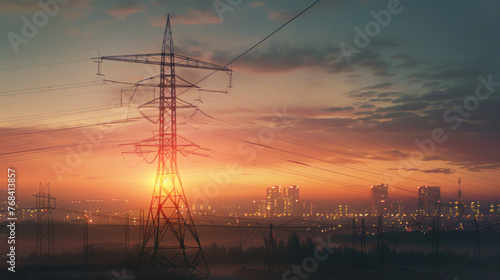 Based on your description and tags, a concise and understandable name for this image could be Silhouetted Power Lines Against a Vibrant Sunset Sky photo