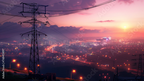 The image showcases a panoramic view of a city at the magical moment of sunset, highlighting the transition from day to night with a skyline that comes alive under a vibrant orange sky