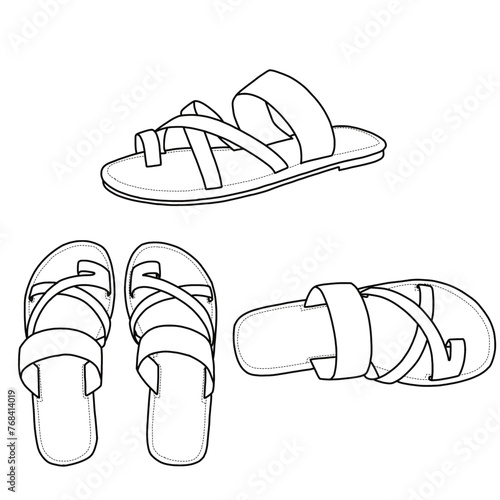 Sketch of flip flops sandals open toe slip on vector illustration. Outline vector doodle illustration, front, top, and side view.