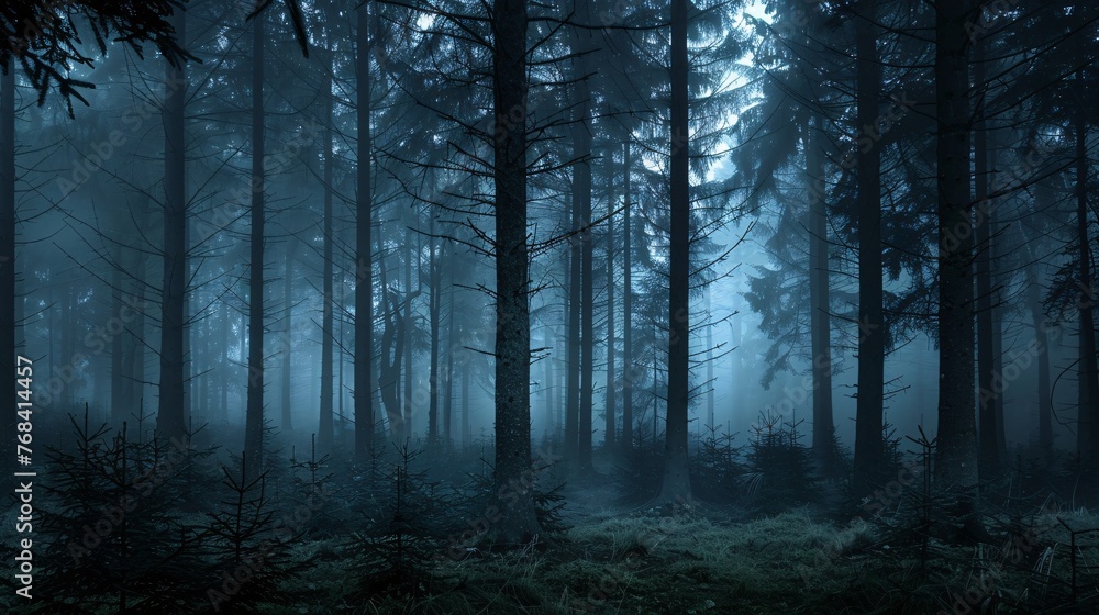 Fototapeta premium Foggy Forest: A Mysterious Nighttime Adventure Generative AI