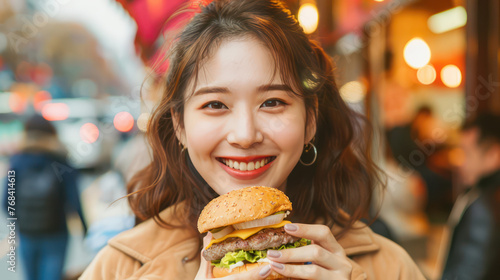 A beautiful funny Asian woman eating a hamburger outdoors on the street  street food background.