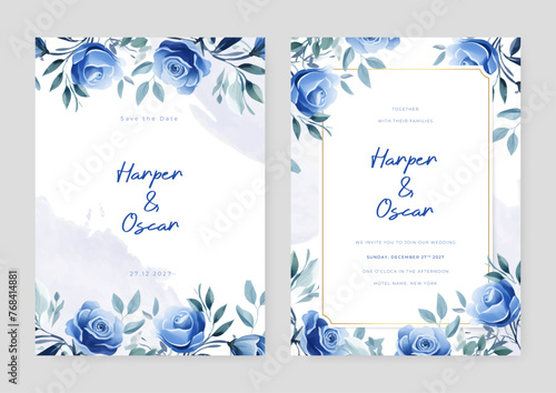 Blue rose luxury wedding invitation with golden line art flower and botanical leaves, shapes, watercolor