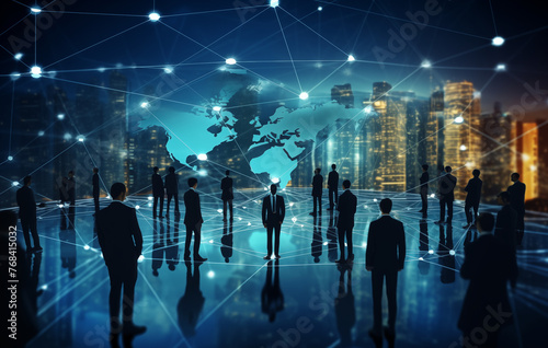 Group of multinational people standing in front of futuristic city and communication network concept.  business standing with back and touching connection concept