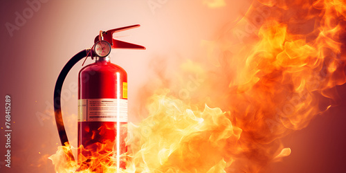 a red fire extinguisher with burning fire Firefighting Fire response equipment redish background photo