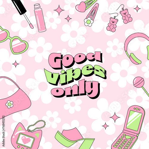 vector background with a set of Y2K or 90s style cute shoes and accessories for banners, cards, flyers, social media wallpapers, etc. © mar_mite_