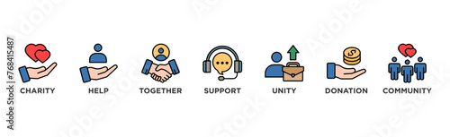 Volunteering banner web icon vector illustration concept for volunteer aid assistant with icon of charity, help, together, support, unity, donation, and community