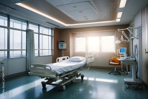 An empty  modern hospital room with medical equipment  a bed  and bright lighting  showcasing cleanliness design and advanced healthcare facilities