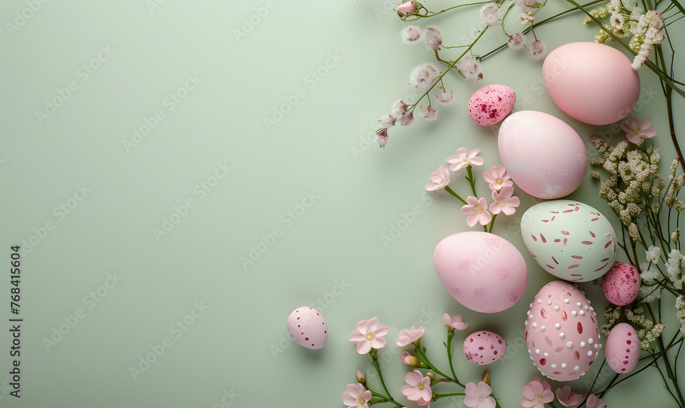 Easter background with eggs in pastel pink colors with spring pink flowers on a light green background, Generative AI