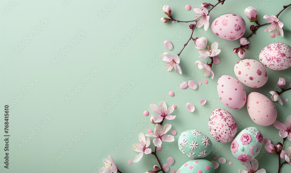Easter background with eggs in pastel pink colors with spring pink flowers on a light green background, Generative AI