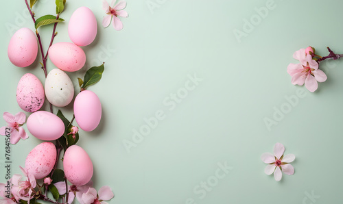 Easter background with eggs in pastel pink colors with spring pink flowers on a light green background  Generative AI