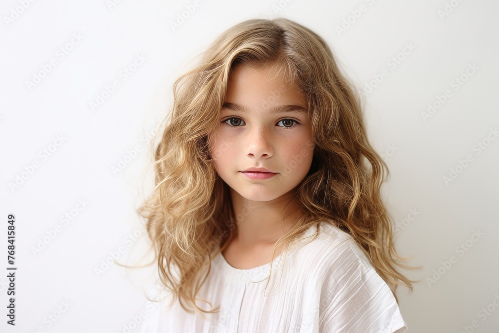 Portrait of a cute little girl with long curly hair on a white background Portrait of a cute little girl with long curly hair on a white background