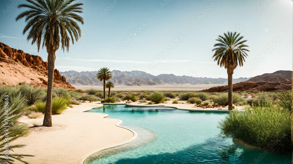 Fototapeta premium Private pool with sand and palm trees
