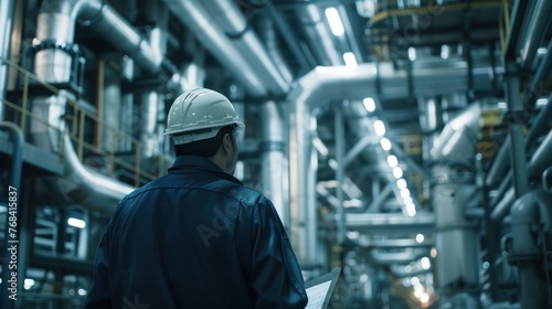 close-up of industrial pipes of oil refinery, back of engineer, technician, reading drawing, drawing, industrial engineering, blueprint, industrial background.