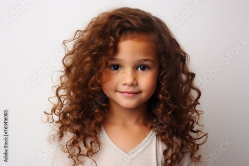 Portrait of a beautiful little girl with curly hair on a gray background
