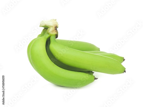 Fresh green raw bananas isolated on white background.	