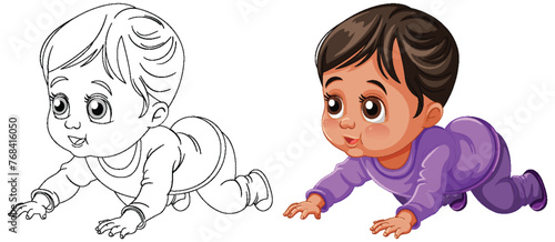 Black and white and colored crawling baby illustrations.