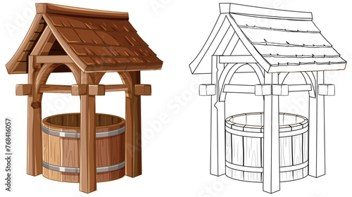 Colored and outlined vector illustrations of a wishing well. photo