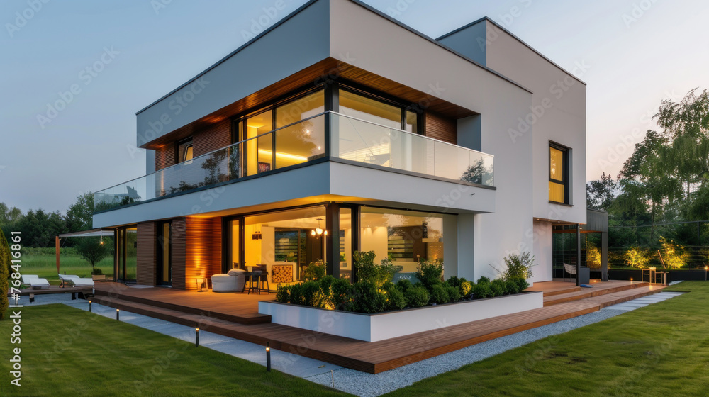 Modern house with a garden bathed in blue sky,