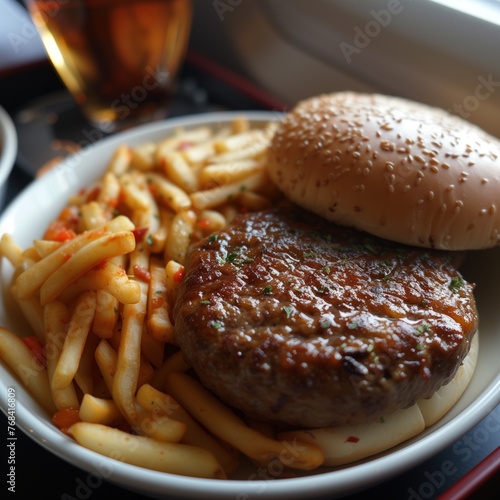 hamburger with fries in a plate