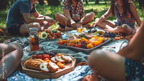 Group of friends gathered around a spread of fresh fruits, sandwiches, and drinks during a relaxing summer picnic in a lush green park. Friends Enjoying a Summer Picnic in Nature