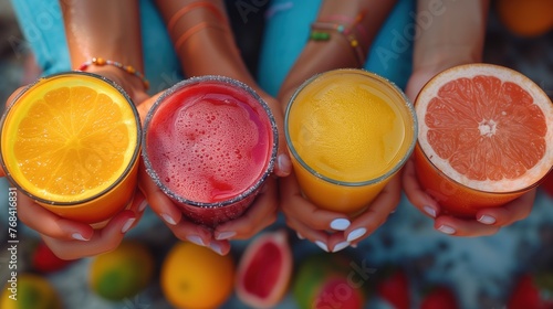 various fruit cocktails in female hands