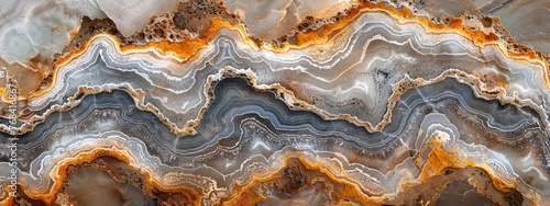 Top down close up of a stunning agate surface, with warm grey and orange tones, in a highly detailed style. Created with Ai