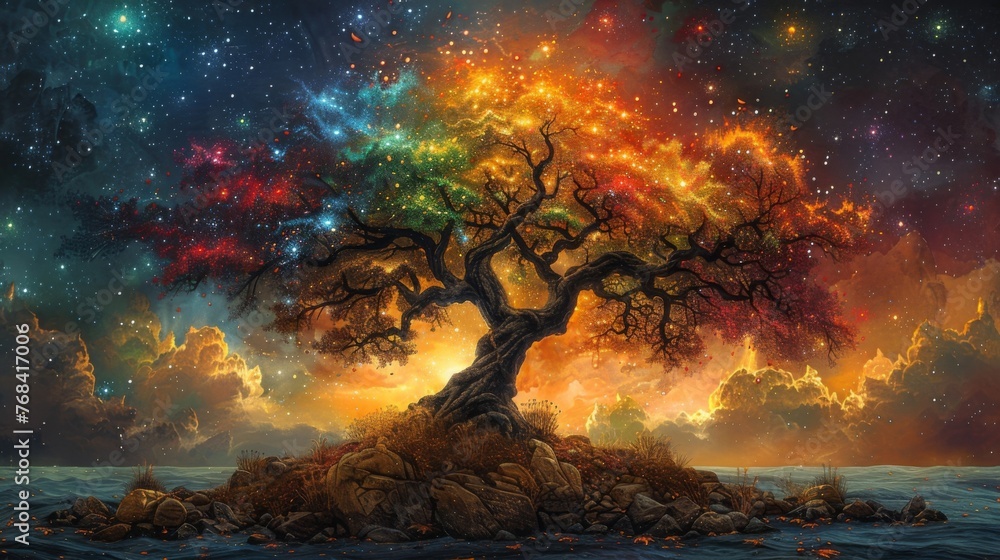 An otherworldly depiction of a tree its branches stretching out like arms towards the stars as its roots dig deep into the ground. The leaves are a kaleidoscope of colors An otherworldly depiction of a tree its branches stretching out like arms towards the stars as its roots dig deep into the ground. The leaves are a kaleidoscope of colors