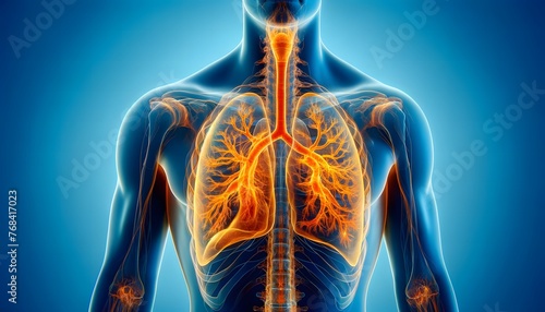  a medical illustration of a human's upper body highlighting the respiratory system, including the trachea, bronchi, and lungs, in a vibrant orange against a blue background. 3d illustration.