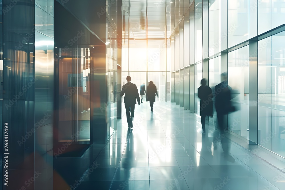 A bright, modern hallway in an office building has tall glass windows. Sunlight floods through, casting a warm glow. Several people walk along the hallway.
ICM blurred background A bright, modern hallway in an office building has tall glass windows. Sunlight floods through, casting a warm glow. Several people walk along the hallway.
ICM blurred background