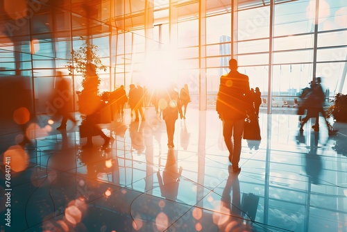 Sunlight comes through large windows in a busy corporate office building, with people wearing casual clothes. with blurred ICM background