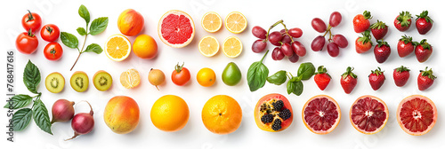 Wide collage of fresh fruits and vegetables for layout isolated on white background. .generative ai 