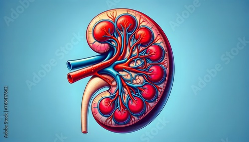 human kidney cross-section, showing the renal artery and vein, as well as the complex internal structure of the nephrons and collecting ducts. 3d illustration. photo