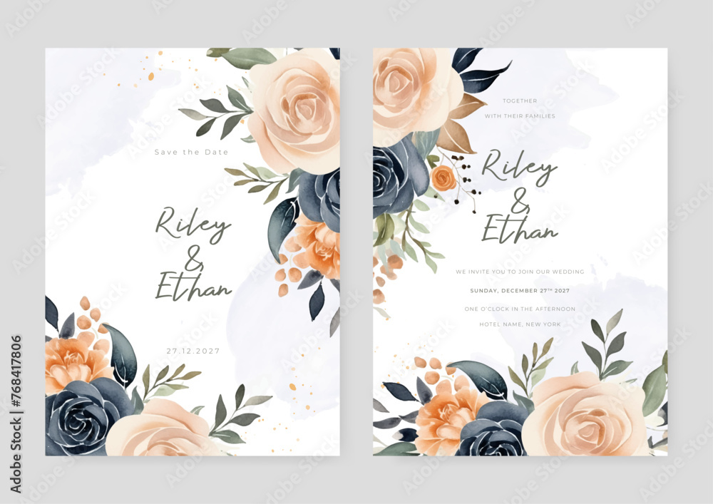 Blue and peach rose beautiful wedding invitation card template set with flowers and floral