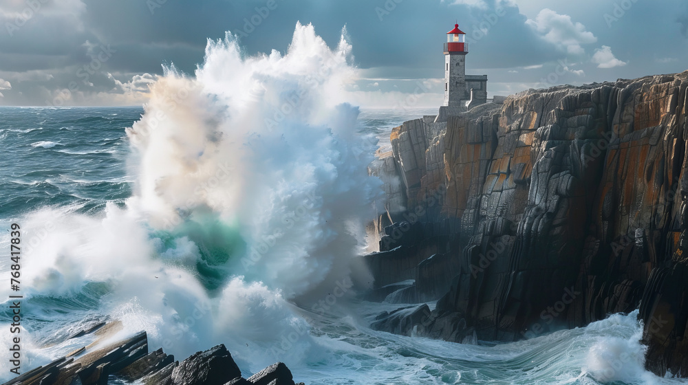 Fototapeta premium A red-capped lighthouse stands firm on a rugged cliff as monstrous waves crash against the rocks, highlighted by the bright light of morning