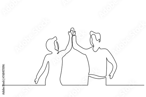 woman man handshake five high hands together one line art design vector