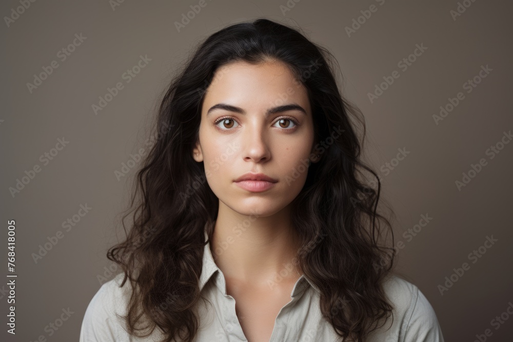 Portrait of a beautiful young woman with long curly hair looking at camera