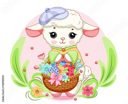 Easter sheep lamb in purple cap with basket of flowers against a backdrop of green grass. Clipart for greeting card, poster, postcard, birthday, easter. Vector illustration. 