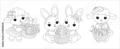 Cute animals set. Easter bunny and sheep with a basket. Hand drawn black and white outline drawing for coloring book. Isolated design element. Vector illustration.