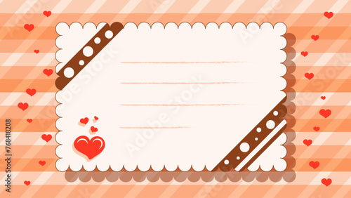 Postcard with heart and ribbon border in shape of a postage stamp on checkered background. Blank space for text. Template greeting card, invitation, banner, social media post. Vector illustration